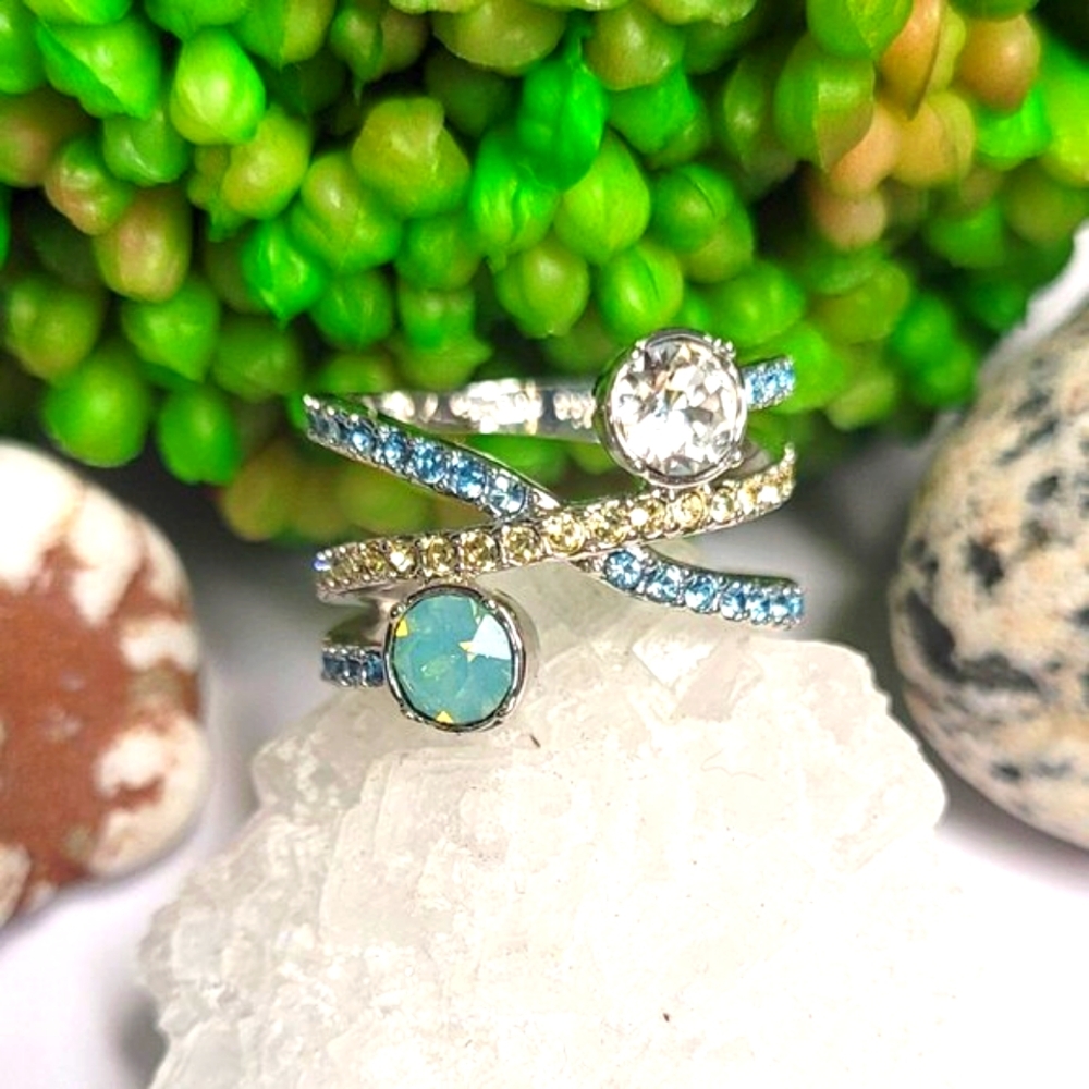 Lia Sophia Silver-Tone Aqua and Clear Crisscross Crystal Ring